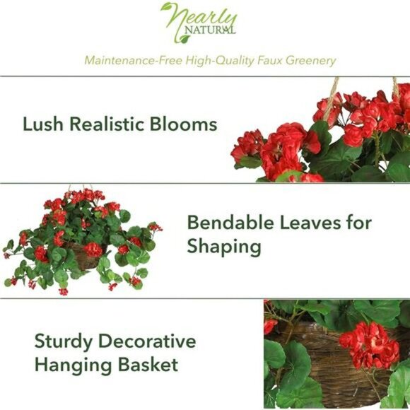 Nearly Natural Red Geranium Hanging Basket 24in Faux Silk Plant Home Decor - Picture 6 of 7